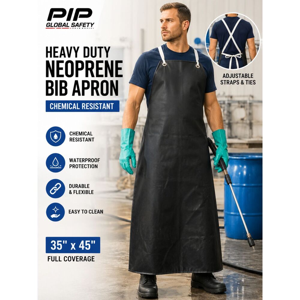 PIP 200-12501 Heavy Duty Neoprene Chemical Resistant Bib Apron 35x45 Black NWT